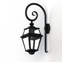 Die historische Wandleuchte Place des Vosges 2 von Roger Pradier beeindruckt mit ihrer eleganten Laternenform, klaren Glaseinsätzen und einer luxuriösen schwarzen-Oberfläche. Der gebogene Wandarm ist im Bischofsstab-Design. Perfekt für stilvolle Außenbereiche.