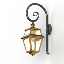 Das raffinierte Design dieser Laternenleuchte für die Außenwand, zeichnet sich durch den geschwungenen Wandarm und eine hochwertige Messingkonstruktion aus. Perfekt für stilvolle Außenräume. Material: Messing getönt und versiegelt an einem Wandarm aus schwarzem Aluminium in Form eines gebogenen Hirtenstabes.