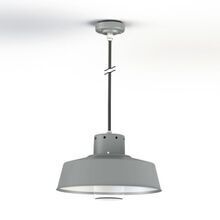 Das nach unten gerichtete Licht der Faktory Nr. 3 beleuchtet Bodenflächen, Wege und Eingangsbereiche gezielt und effizient. nIndustriedesign mit runder Form. Deckenbefestigung mit Baldachin.
