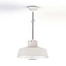 Mit ihrem stabilen Deckenrohr und der Höhe von 2 Metern ist die weiße Faktory Nr. 3 ideal für hohe Decken und Überdachungen geeignet. Rundes Design mit Klarglas.