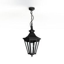 klassische Außenbeleuchtungslösung mit zentralem Leuchtmittel im sechseckigen, schwarzem  Aluminiumgehäuse. Ideal für Terrassen, Balkone und Eingangsdächer.