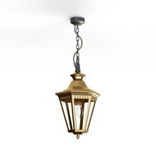 elegante Außenlampe mit sechs Lampengläsern und Deckenkette. Robustes Gehäuse aus patiniertem oder roh-belassenem Messing für stilvolle Beleuchtung.