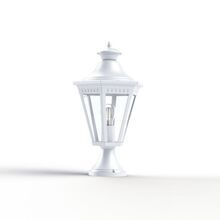 stilvolle Beleuchtungslösung mit sechseckigem Lampengehäuse auf kleinem Lampenfuß und zentralem Leuchtmittel. Ideal für Gartenwege, Terrassen und Mauern.