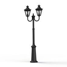 aus lackiertem Aluminium gefertigt, mit zwei eleganten Lampengehäusen und zentralem Mast. Ideal für die sichere und ansprechende Beleuchtung von Außenbereichen.