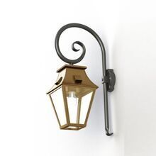Diese exklusive Wandleuchte überzeugt mit ihrem viereckigen Messinggehäuse und einem geschwungenen Wandarm in Form eines Bischofsstabs aus schwarz lackiertem Aluminium. Ein eleganter Akzent für Eingangsbereiche und Hausfassaden.