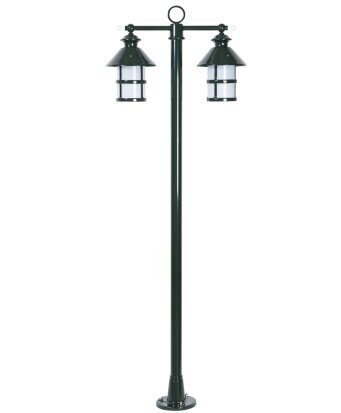 Außenleuchte mit zwei Lampen für die Gartenbeleuchtung. Die Lampen sind rund mit vergittertem Glas.