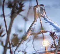 Detailbild der mobilen Außenleuchte la hutte. GlasLampenhaube durchsichtig. Vor dem Hintergrund von grünen Zweigen.