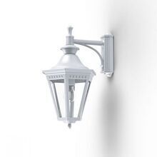 stilvolle Außenleuchte mit sechseckigem Gehäuse und sechs Polycarbonat-Scheiben. Rostfreies Aluminium in der Farbe weiß für langlebige Eleganz und Funktionalität. Das Lampengehäuse ist unter dem Wandarm montiert.
