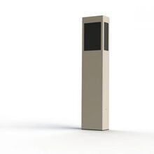 Die minimalistische Brick von Roger Pradier mit kantigen Linien und 4 Lampengläsern bietet eine stilvolle Beleuchtung für Gartenwege, Mauern und Freisitze. Die Farbe ist Kalkstein, die Verglasung aus PMMA in Schwarz.