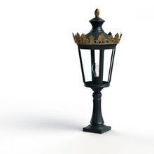 Die abgebildete Außenlaterne kombiniert klassischen Laternenstil mit einer luxuriösen goldenen Krone. Der farbige Metallkörper wird durch klare Glaseinsätze ergänzt, die das Licht einer zentralen Glühbirne stilvoll nach außen strahlen lassen. Das Design ruht auf einem stabilen Standfuß und ist ideal für Gärten, Terrassen oder historische Außenanlagen geeignet. Die hochwertige Verarbeitung garantiert eine lange Lebensdauer.