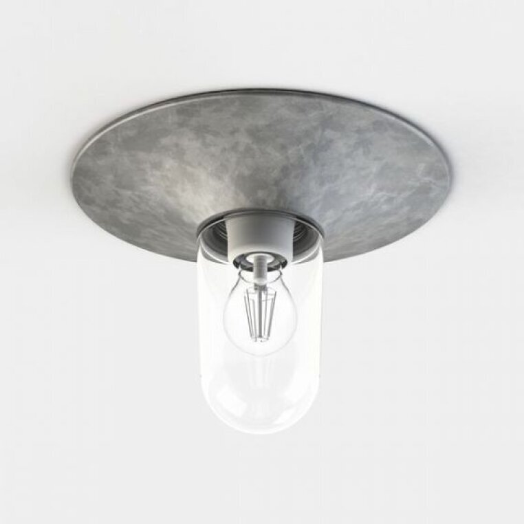 zink farbende Deckenleuchte mit runder Form. Das Leuchtmittel ist im Zylinder Glas.