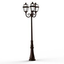 Die Gartenleuchte Place des Vosges 2 Nr. 11 kombiniert klassisches französisches Design mit moderner Technik. Ihr eleganter Look passt ideal in Parks, Gärten oder historische Gebäudeumgebungen. Der verzierte Aluminium-Mast trägt einen 3 armigen lampenverteiler mit je einer viereckigen Laterne.