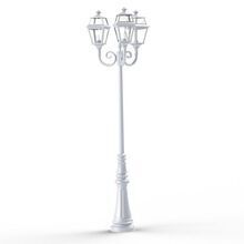Die klassische Gartenleuchte Place des Vosges 2 Nr. 11 ist die ideale Wahl für elegante Außenbereiche. Mit ihrem robusten Aluminiumgehäuse und dem klassischen Design strahlt sie Stil und Langlebigkeit aus. Der Leuchtenmast ist mit französischen Ornamenten verziert. Das Leuchten-Oberteil trägt auf drei gebogenen Lamenauslegern je eine viereckige Laterne mit 8 klaren Lampengläsern.