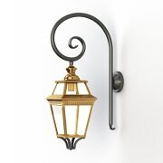 Klassische Messing-Wandleuchte Place des Vosges 3 Nr. 1 mit Bischofsstab-Wandbefestigung Die Place des Vosges 3 Nr. 1 von Roger Pradier ist eine exklusive Wandleuchte aus Messing in Roh- oder versiegelter Oberfläche. Ihr 4-eckiges Design mit 8 klaren Lampengläsern und der elegante, gebogene Wandarm in Bischofsstab-Form aus schwarzem Aluminium machen sie ideal für Hauseingänge, Wände und Terrassen.