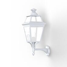 Die Louis Philippe 3 Nr. 4 in der Farbe weiß, mit ihrem kurzen, geraden Wandarm und der nach oben gerichteten Laterne ist eine elegante Beleuchtungslösung für Eingangsbereiche, Chalets und Landhäuser. Das farbige Aluminium sorgt für ein robustes Design.
