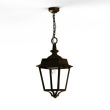Roger Pradier präsentiert mit der Place des Vosges 1 Evolution Nr. 1 eine hochwertige Deckenleuchte. Das viereckige Gehäuse mit klaren Lampengläsern hängt sicher an einer Kette mit Metall-Baldachin, ideal für stilvolle Eingangsbereiche.